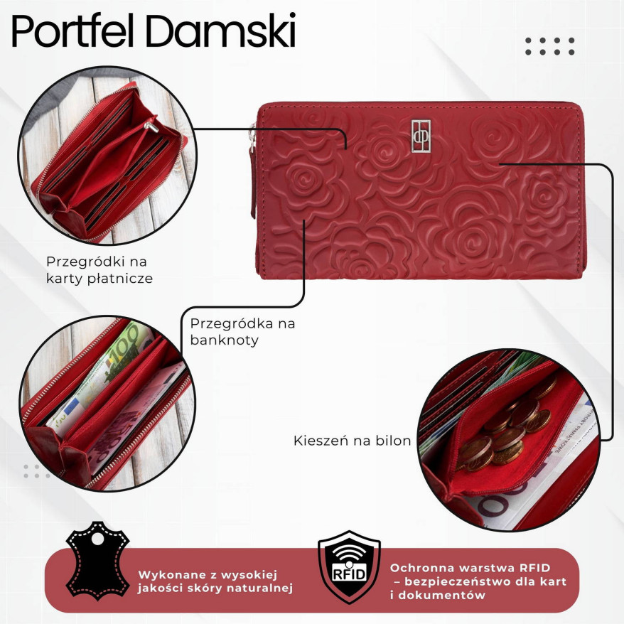 Portfel damski skórzany w kwiaty czerwony z metalowym logo Paolo Peruzzi AL-13-RD