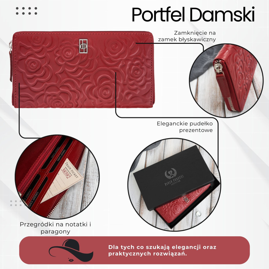 Portfel damski skórzany w kwiaty czerwony z metalowym logo Paolo Peruzzi AL-13-RD