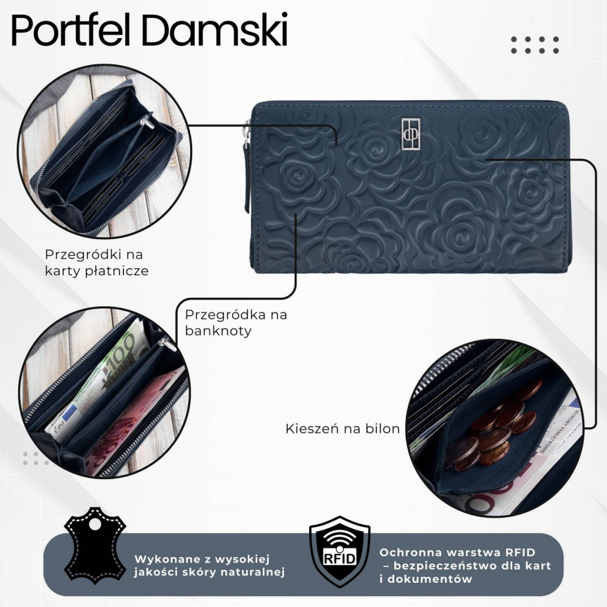 Poziomy portfel damski skórzany granatowy w kwiaty z metalowym logo Paolo Peruzzi AL-13-NV