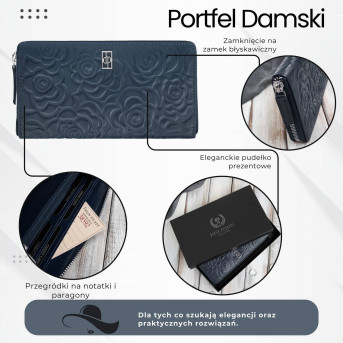 Poziomy portfel damski skórzany granatowy w kwiaty z metalowym logo Paolo Peruzzi AL-13-NV