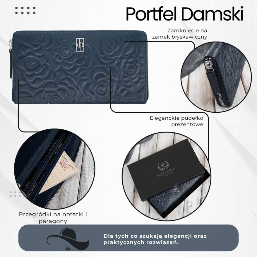 Poziomy portfel damski skórzany granatowy w kwiaty z metalowym logo Paolo Peruzzi AL-13-NV