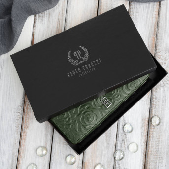 Ciemnozielony portfel damski skórzany z tłoczeniem kwiatowym RFID Paolo Peruzzi  AL-13-GB