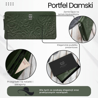 Ciemnozielony portfel damski skórzany z tłoczeniem kwiatowym RFID Paolo Peruzzi  AL-13-GB