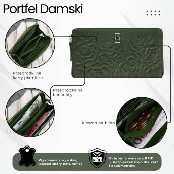 Ciemnozielony portfel damski skórzany z tłoczeniem kwiatowym RFID Paolo Peruzzi  AL-13-GB