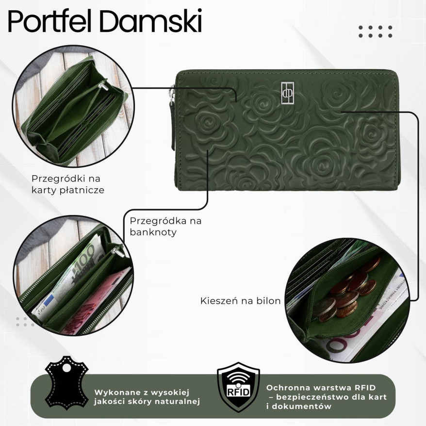 Ciemnozielony portfel damski skórzany z tłoczeniem kwiatowym RFID Paolo Peruzzi  AL-13-GB