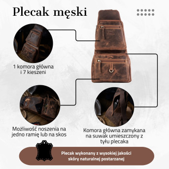 Plecak męski skórzany na jedno ramię T-38-BR Paolo Peruzzi plecak męski miejski