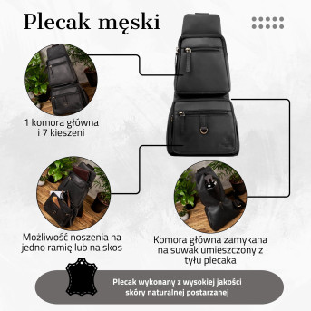 Plecak męski czarny skórzany na jedno ramię T-38-BR Paolo Peruzzi plecak męski miejski