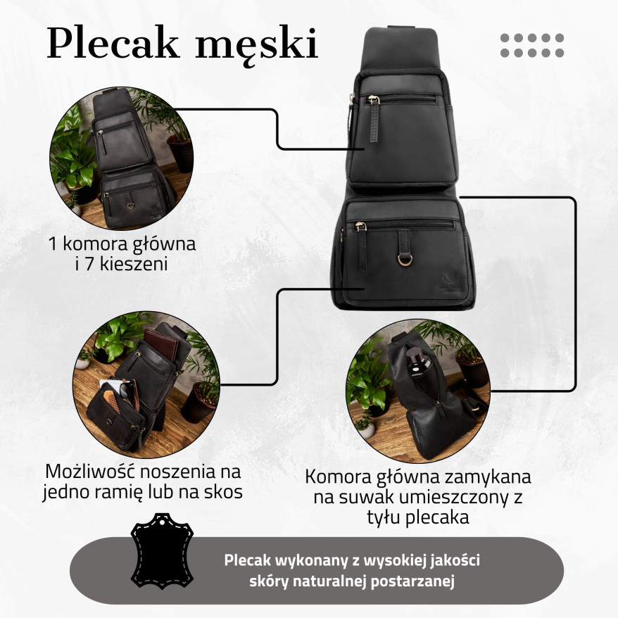 Plecak męski czarny skórzany na jedno ramię T-38-BR Paolo Peruzzi plecak męski miejski