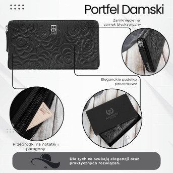 Czarny portfel damski ze skóry naturalnej w kwiaty Paolo Peruzzi AL-13-BL