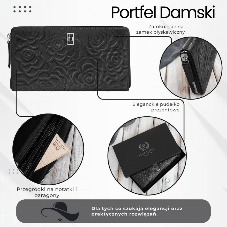 Czarny portfel damski ze skóry naturalnej w kwiaty Paolo Peruzzi AL-13-BL