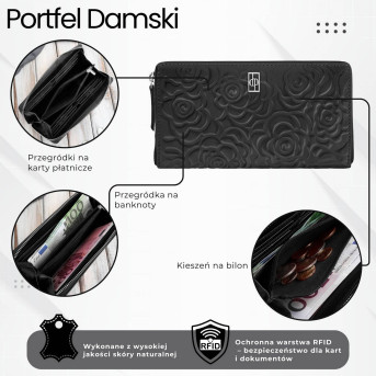 Czarny portfel damski ze skóry naturalnej w kwiaty Paolo Peruzzi AL-13-BL