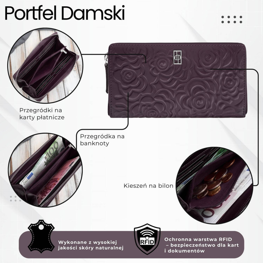 Portfel damski skórzany burgundowy w orientacji poziomej RFID Paolo Peruzzi AL-13-BGD