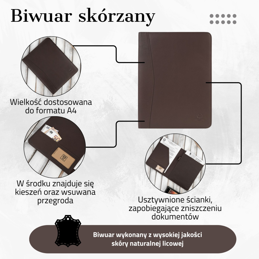 SKÓRZANY BIWUAR A4 AKTÓWKA BRĄZOWY PAOLO PERUZZI T-42-BR