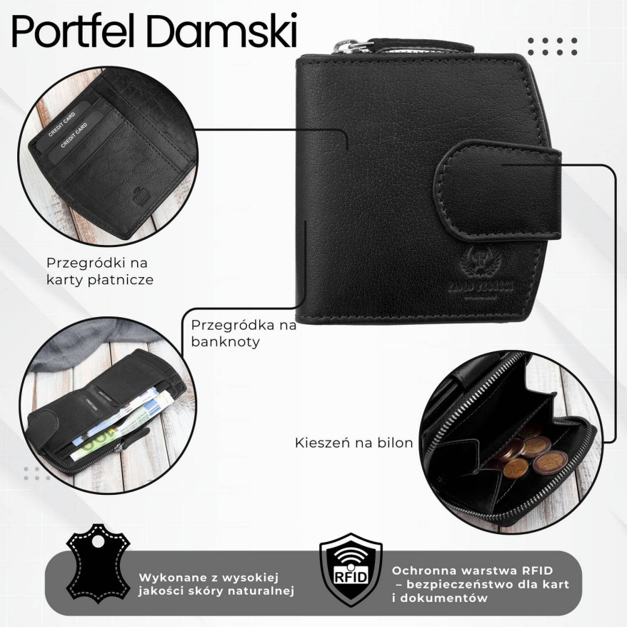 Portfel damski skórzany mały czarny RFID Paolo Peruzii AL-24-BL