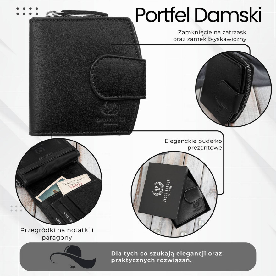Portfel damski skórzany mały czarny RFID Paolo Peruzii AL-24-BL