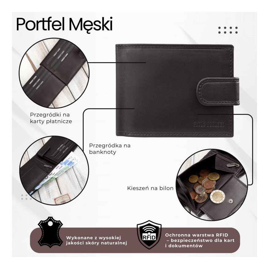 Portfel męski skórzany brązowy z ochroną RFID Paolo Peruzzi AL-16-BR