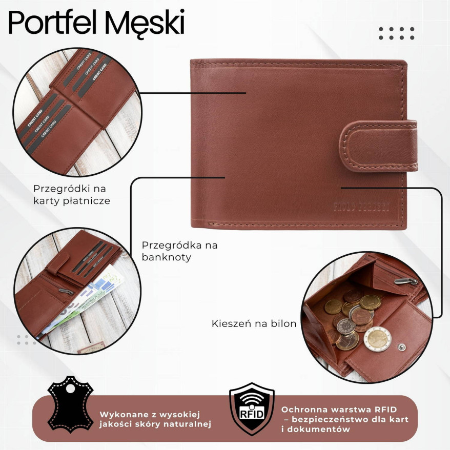 Portfel męski skórzany koniakowy RFID na prezent Paolo Peruzzi AL-16-CG