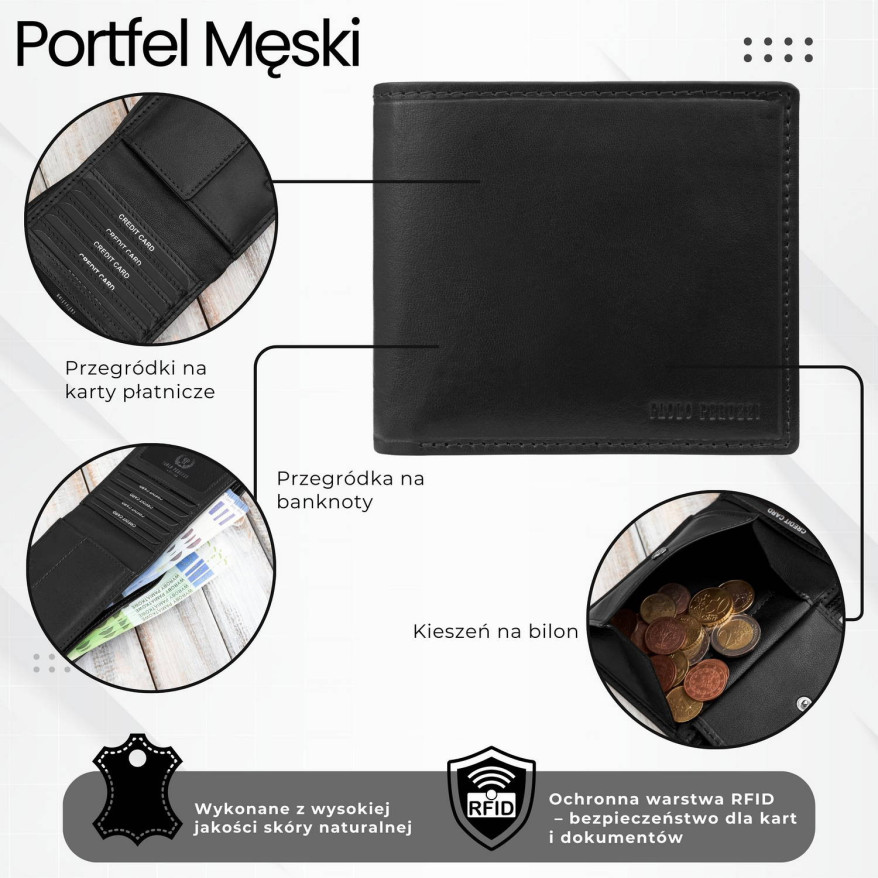 Klasyczny męski portfel skórzany w kolorze czarnym z ochroną RFID Paolo Peruzzi AL-17-BL
