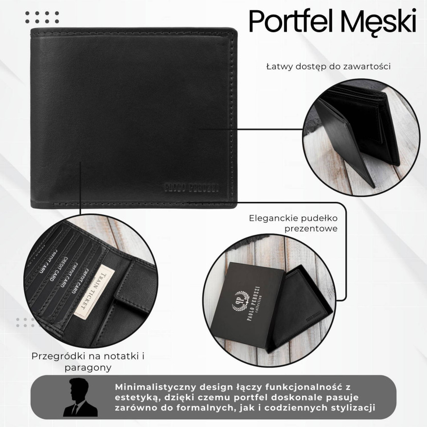 Klasyczny męski portfel skórzany w kolorze czarnym z ochroną RFID Paolo Peruzzi AL-17-BL