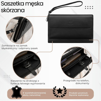 Saszetka męska skórzana do ręki elegancka czarna AL-26-BL