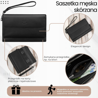 Saszetka męska skórzana do ręki elegancka czarna AL-26-BL