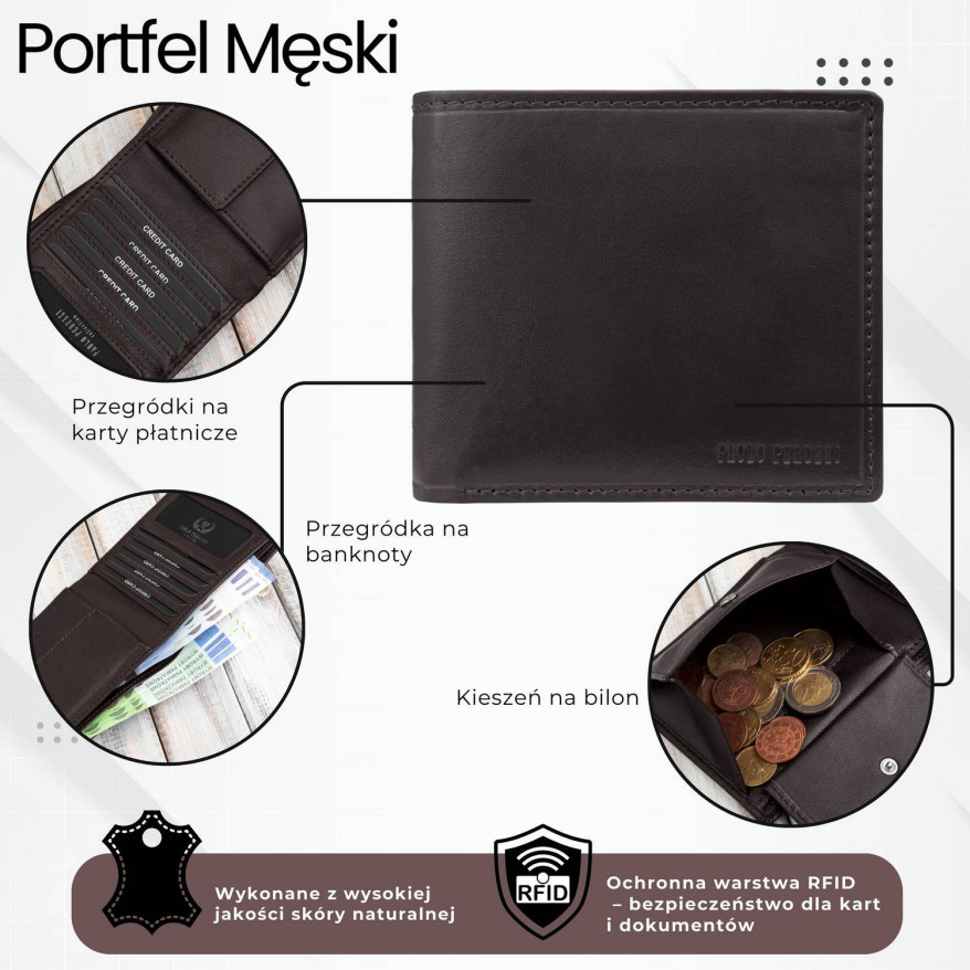 Brązowy portfel męski skórzany smukły poziomy Paolo Peruzzi AL-17-BR