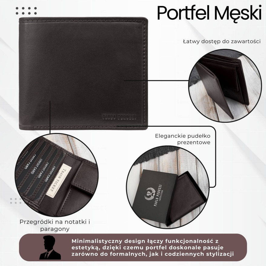 Brązowy portfel męski skórzany smukły poziomy Paolo Peruzzi AL-17-BR