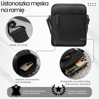 Saszetka męska skórzana na ramię z tłoczeniem typu carbon czarna AL-19-BL