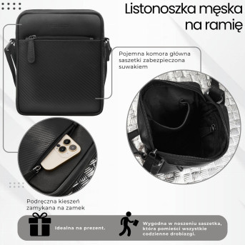 Saszetka męska skórzana na ramię z tłoczeniem typu carbon czarna AL-19-BL