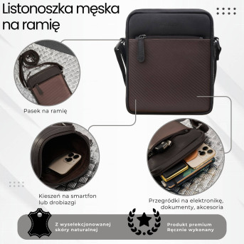 Saszetka męska skórzana na ramię z tłoczeniem typu carbon brązowa AL-19-BR