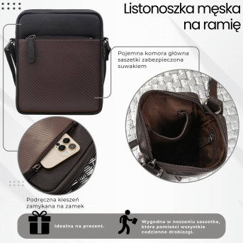 Saszetka męska skórzana na ramię z tłoczeniem typu carbon brązowa AL-19-BR