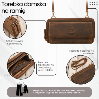 Skórzana kopertówka damska do ręki na ramię portfel damski T-137-HBR