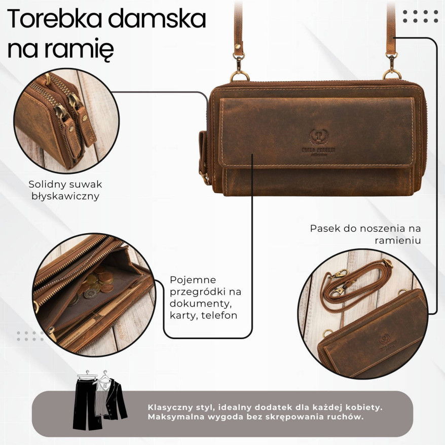 Skórzana kopertówka damska do ręki na ramię portfel damski T-137-HBR