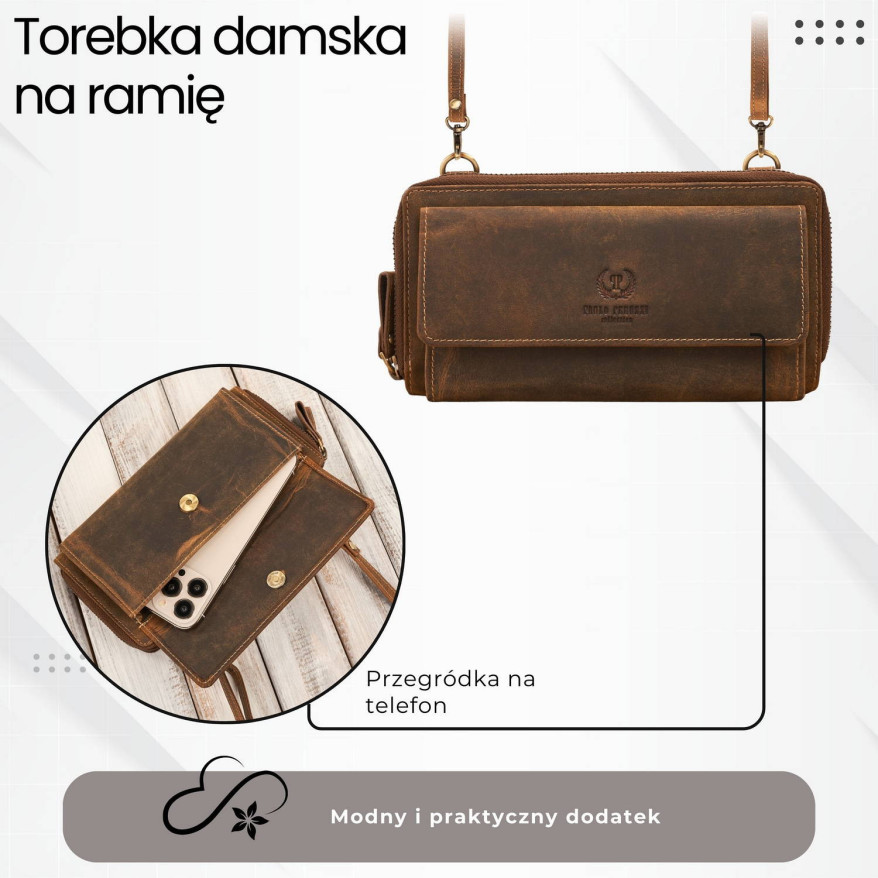 Skórzana kopertówka damska do ręki na ramię portfel damski T-137-HBR