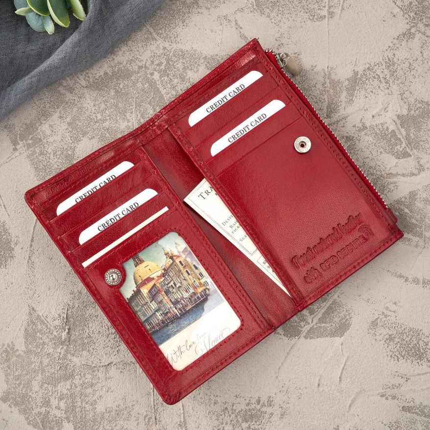 Portfel damski skórzany duży czerwony z ochroną RFID T-140-RD