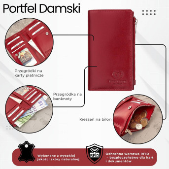 Portfel damski skórzany duży czerwony z ochroną RFID T-140-RD