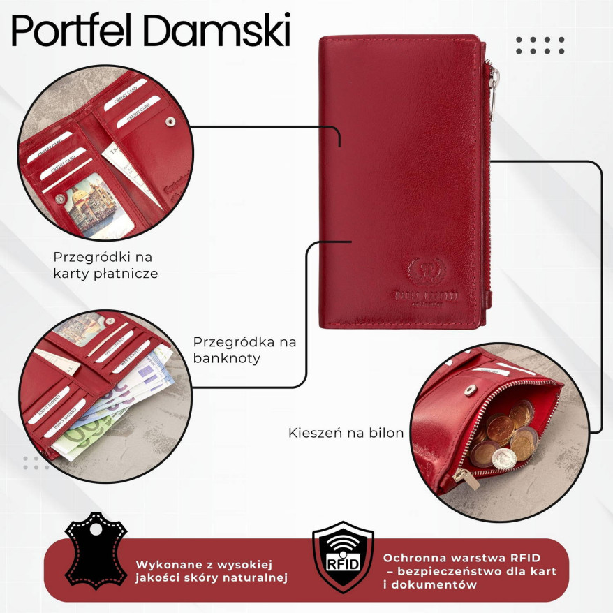 Portfel damski skórzany duży czerwony z ochroną RFID T-140-RD