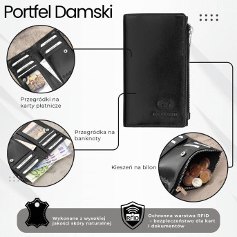 Portfel damski skórzany duży czarny z ochroną RFID T-140-BL