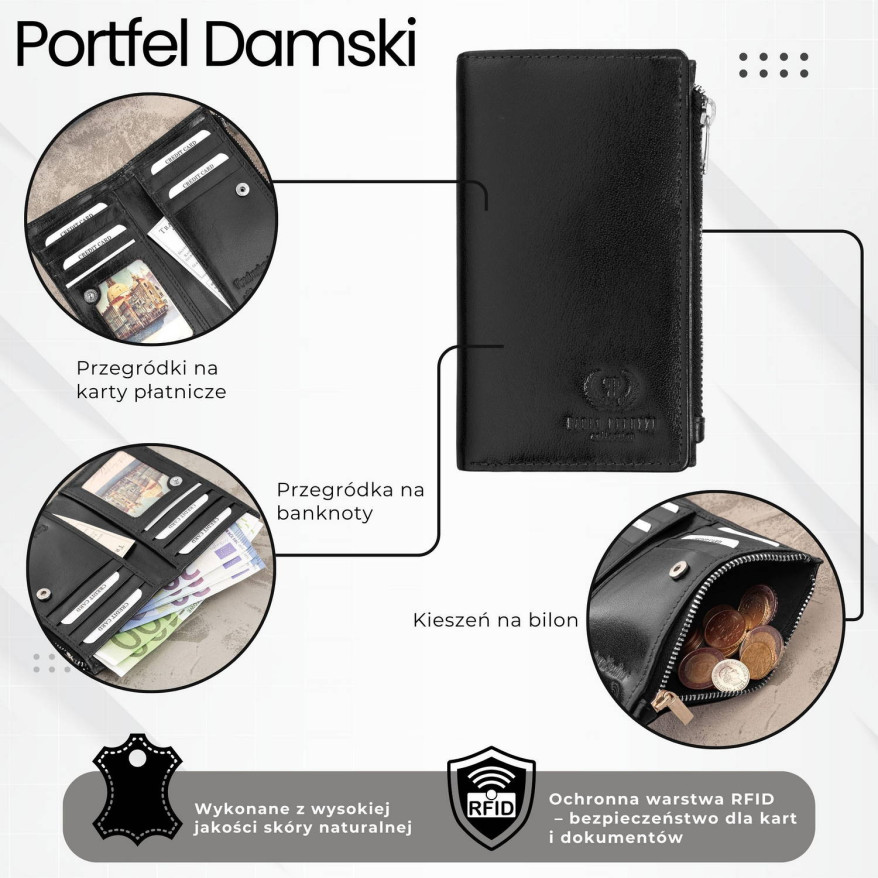 Portfel damski skórzany duży czarny z ochroną RFID T-140-BL