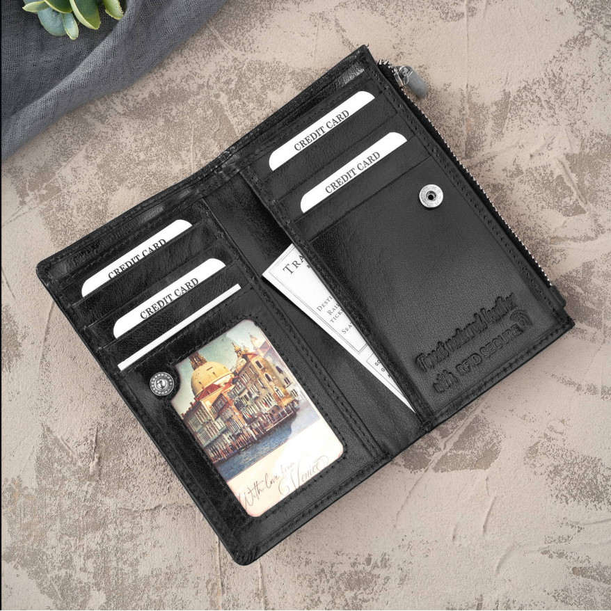 Portfel damski skórzany duży czarny z ochroną RFID T-140-BL