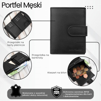 Portfel męski skórzany klasyczny pionowy czarny z RFID AL-18-BL