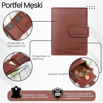 Portfel męski skórzany klasyczny pionowy koniakowy z RFID AL-18-CG