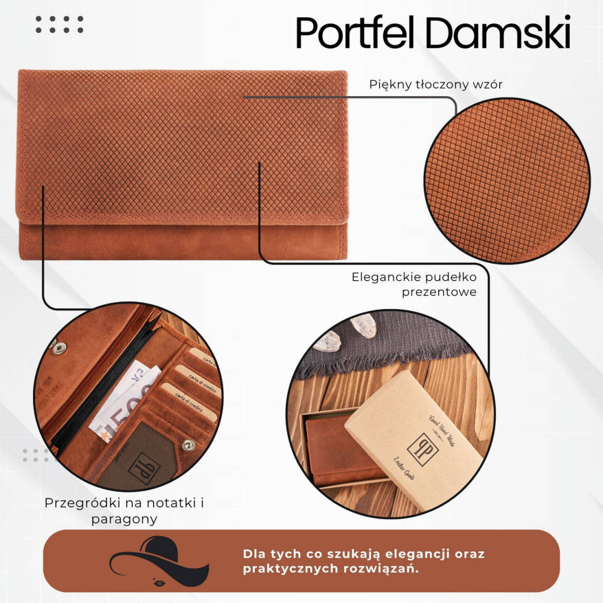 Portfel damski skórzany duży pomarańczowy pojemny vintage T-113-HOR