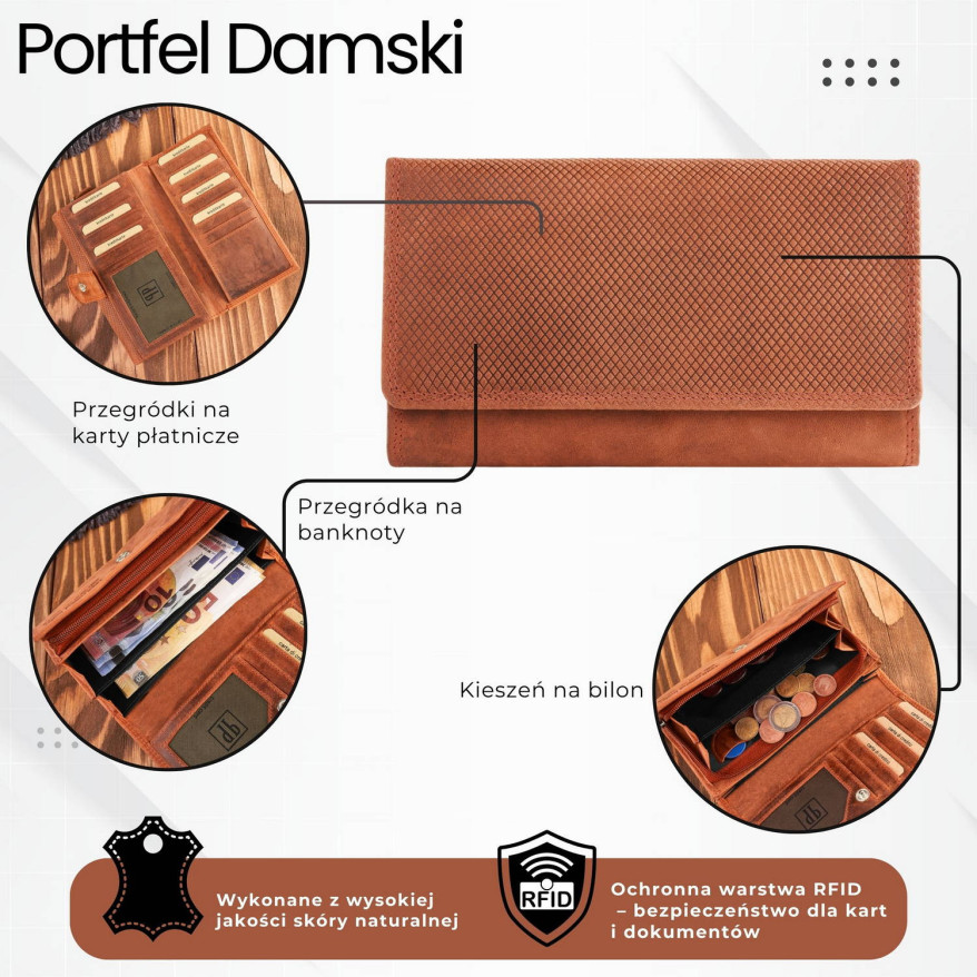 Portfel damski skórzany duży pomarańczowy pojemny vintage T-113-HOR