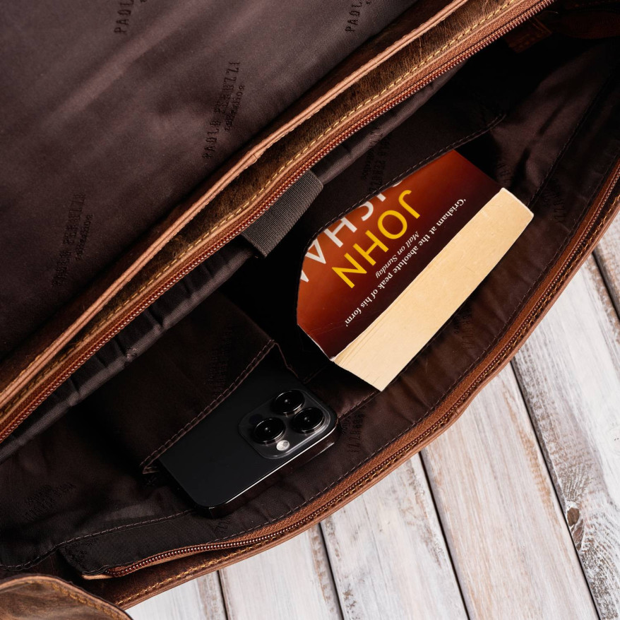 Skórzana torba męska na laptopa wytrzymała pojemna brązowa vintage T-106-HBR