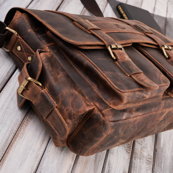 Skórzana torba męska na laptopa wytrzymała pojemna brązowa vintage T-106-HBR