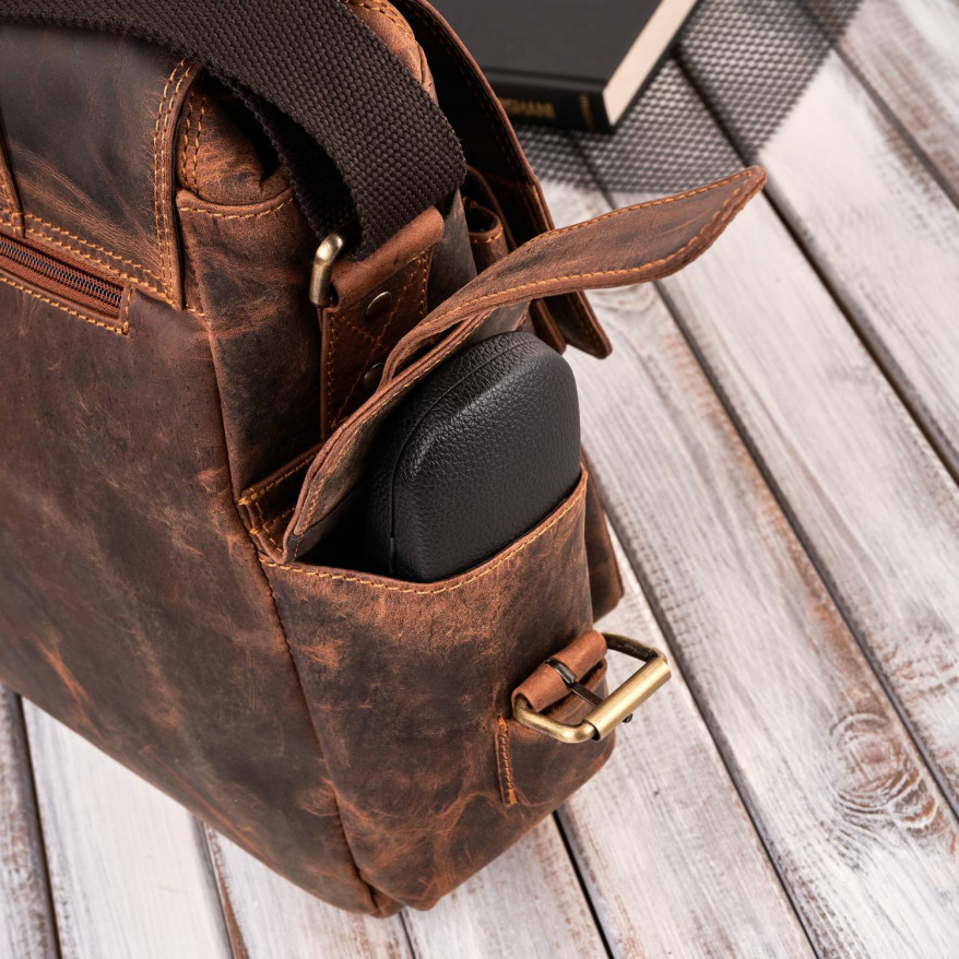 Skórzana torba męska na laptopa wytrzymała pojemna brązowa vintage T-106-HBR