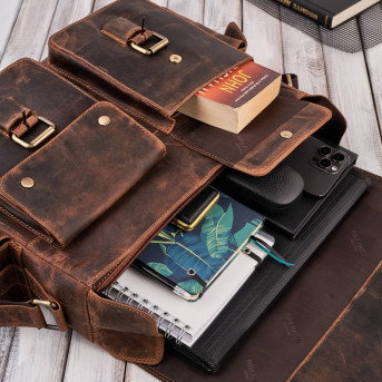 Skórzana torba męska na laptopa wytrzymała pojemna brązowa vintage T-106-HBR