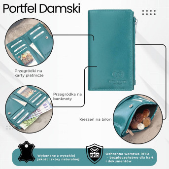 Portfel damski skórzany duży butelkowa zieleń z ochroną RFID T-140-GB