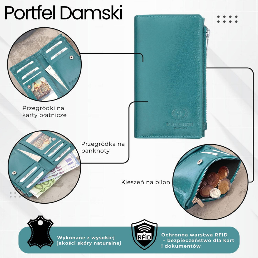 Portfel damski skórzany duży butelkowa zieleń z ochroną RFID T-140-GB